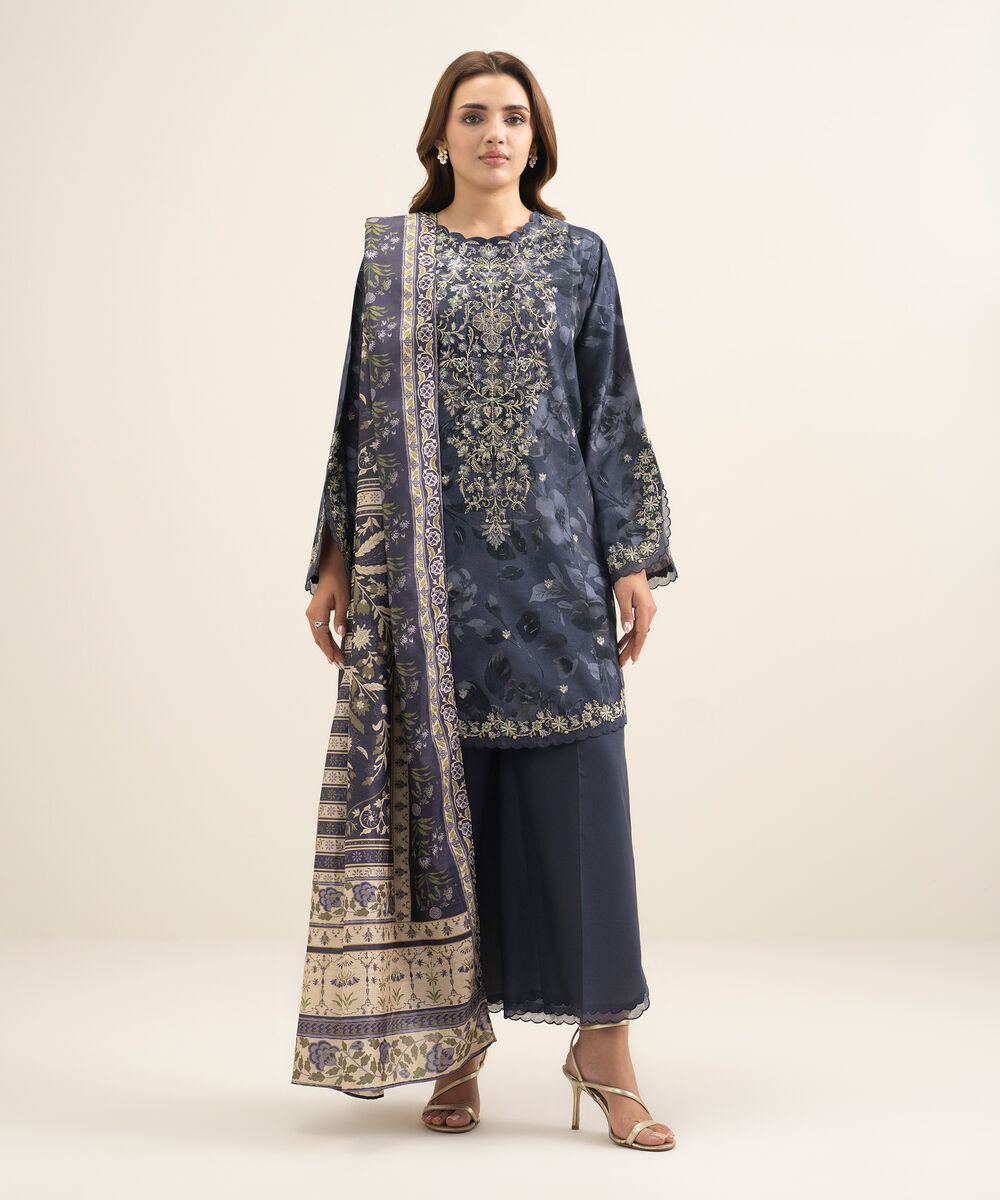 Women's Unstitched Textured Cotton Viscose Embroidered Dark Blue 3 Piece Suit