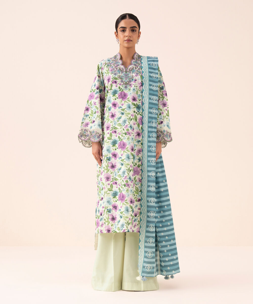 Women's Unstitched Cotton Embroidered Multi 3 Piece Suit