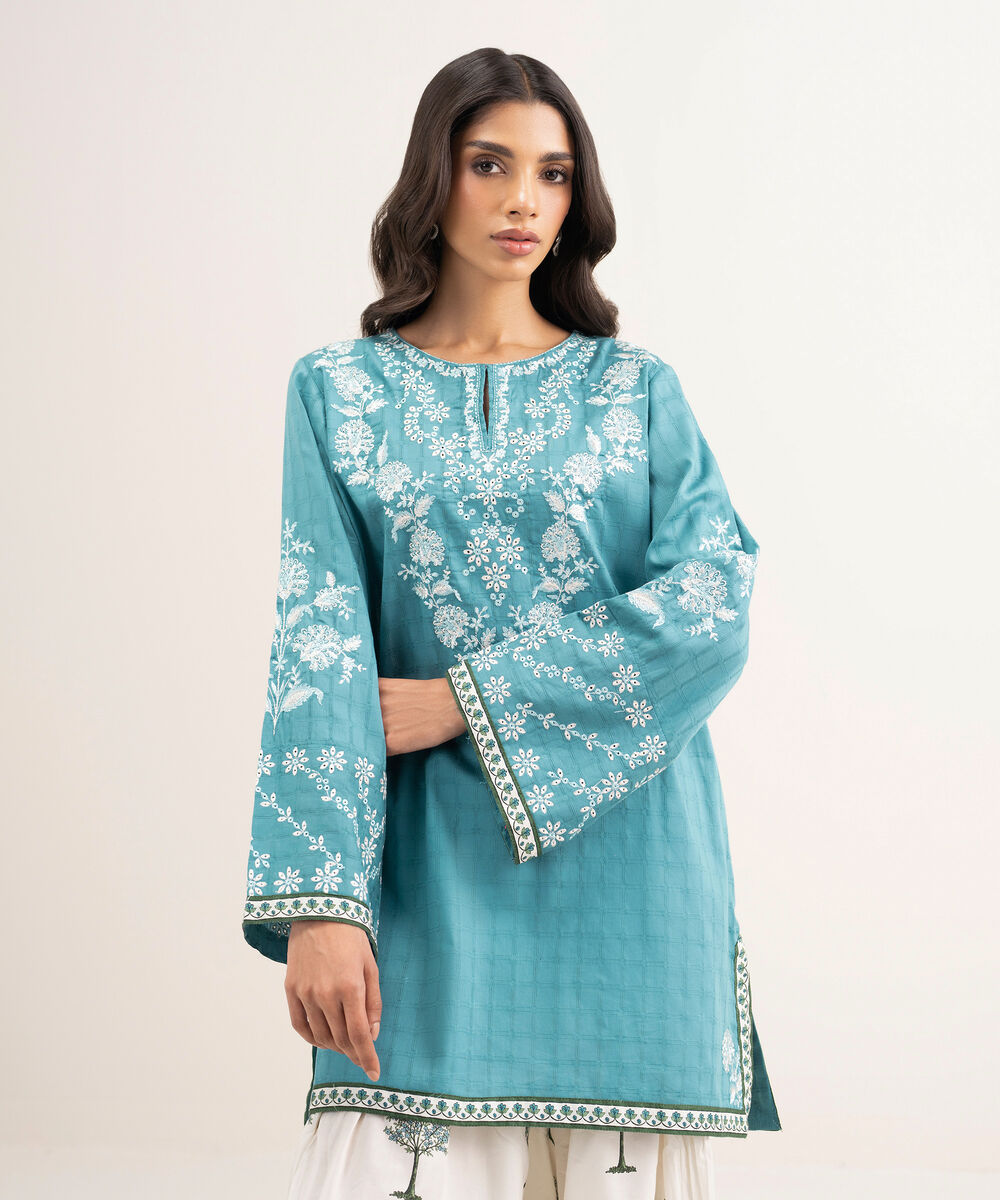 Women's RTW Dobby Embroidered Blue Straight Shirt