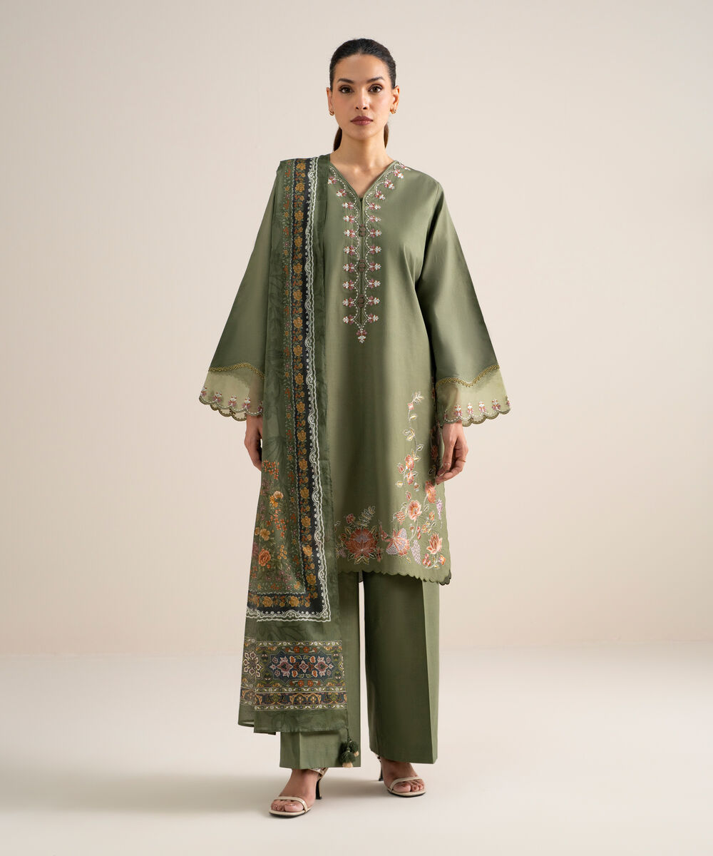 Women's Unstitched Lawn Embroidered Sage Green  3 Piece Suit