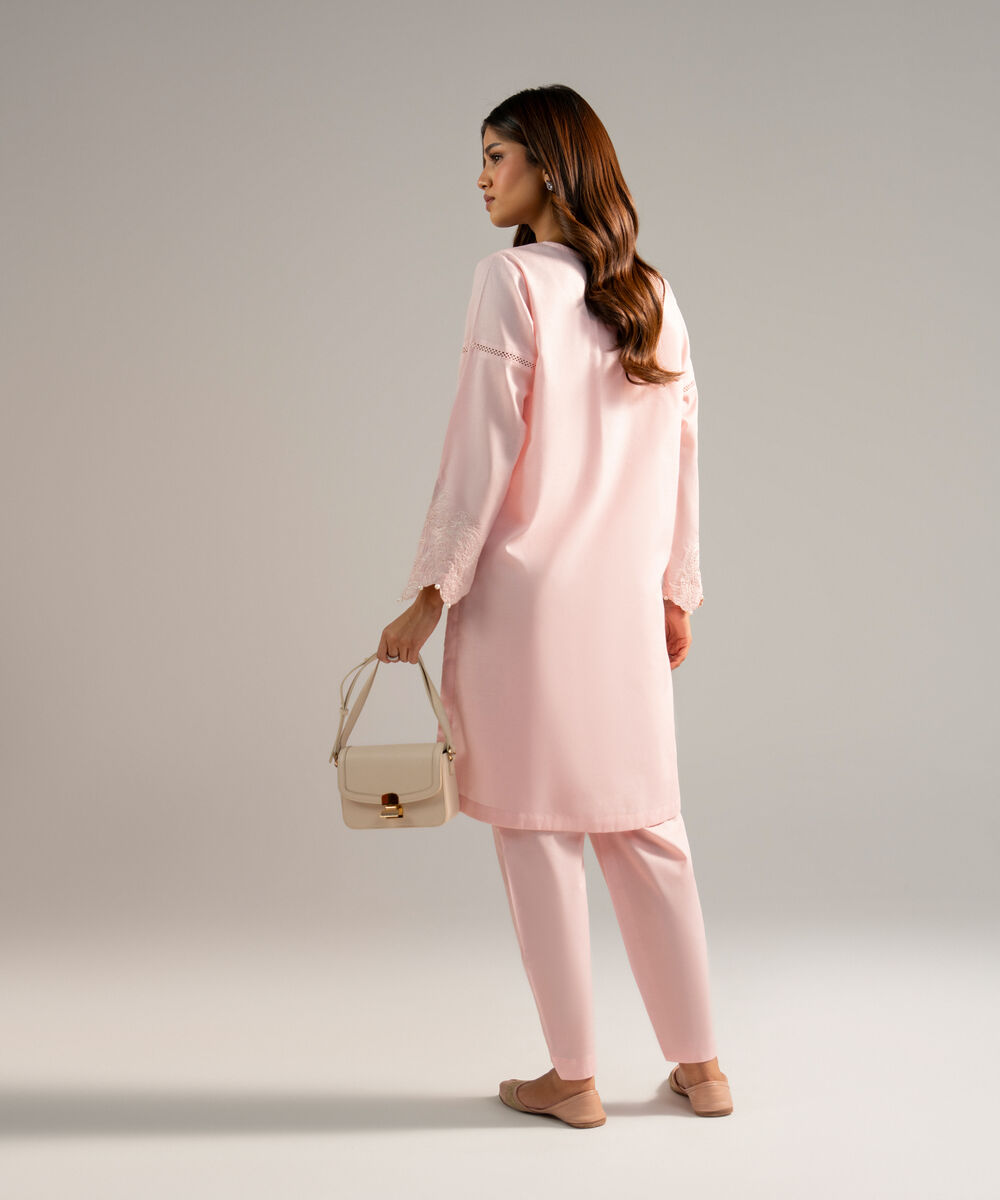 Women's RTW Dobby Embroidered Pink Straight Shirt
