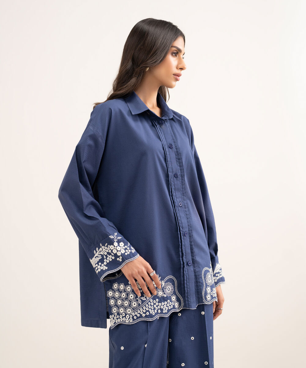 Women's RTW Dobby Embroidered Blue Drop Shoulder Shirt
