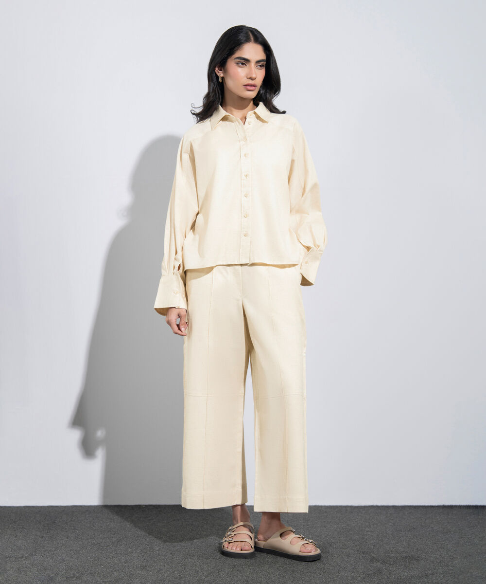 Women's Western Beige Relaxed-Fit Linen Blend Shirt