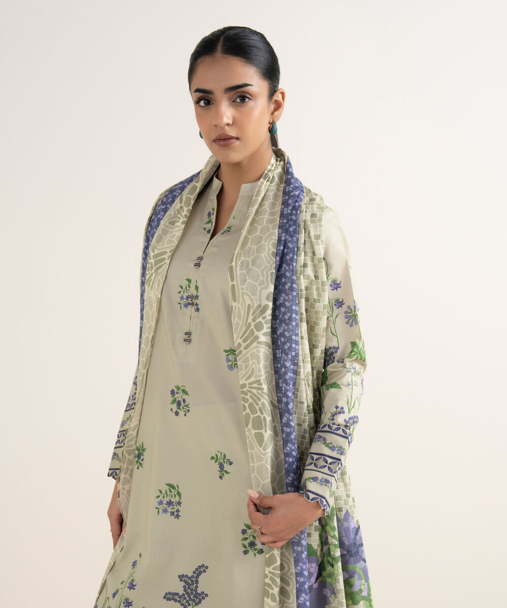 Women's Unstitched Lawn Printed Beige 3 Piece Suit