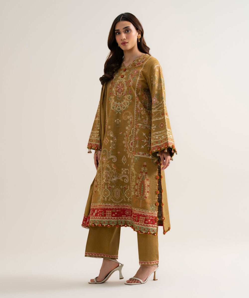 Womens Unstitched Basic Khaddar Embroidered Olive Green 3 Piece Suit