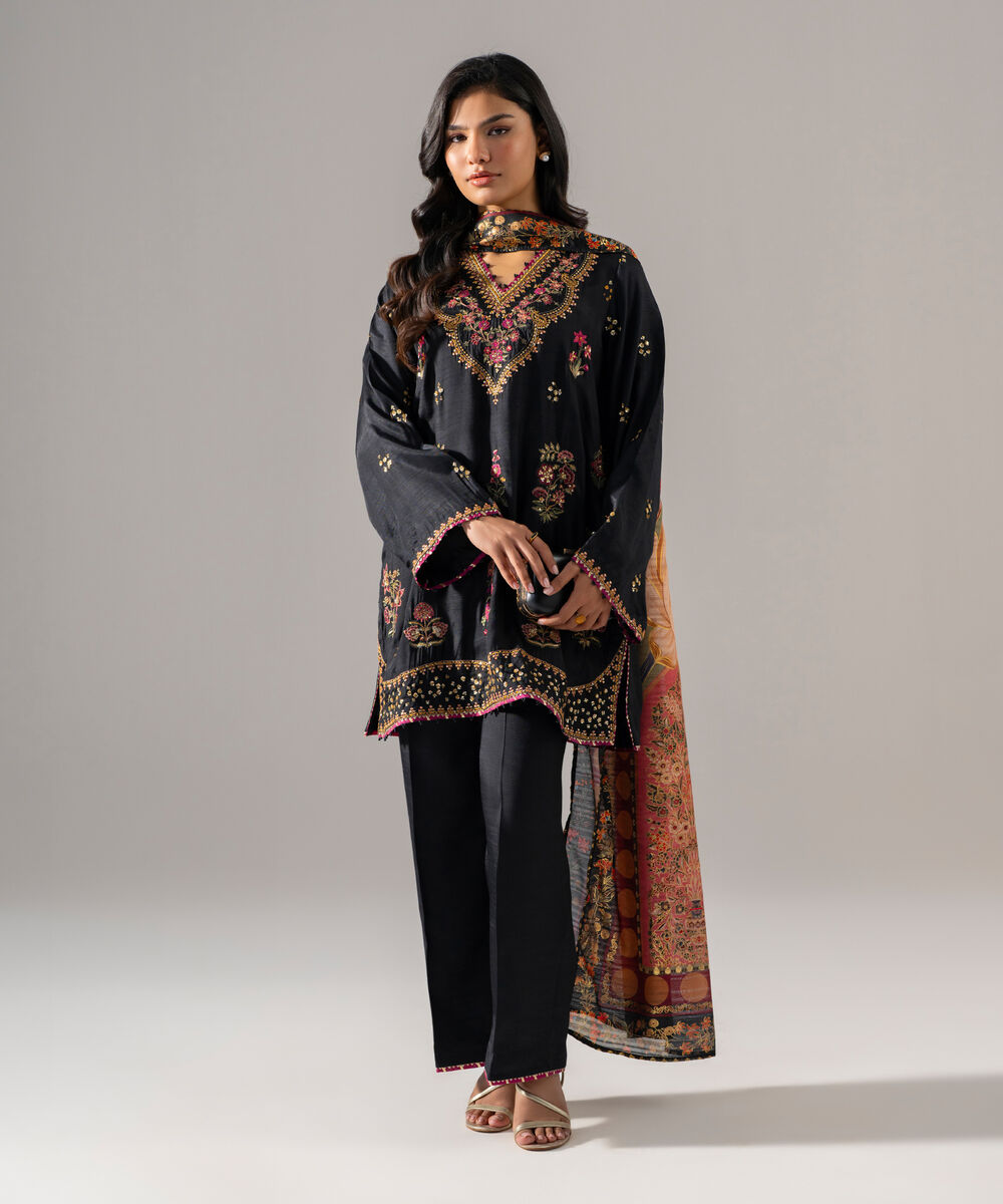 Women's RTW Bright Raw Silk Embroidered Black 3 Piece Suit