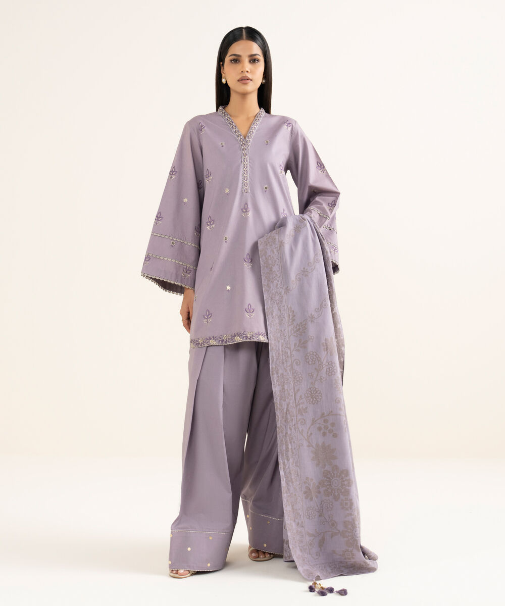Women's Unstitched Embroidered Cotton Lilac 3 Piece Suit