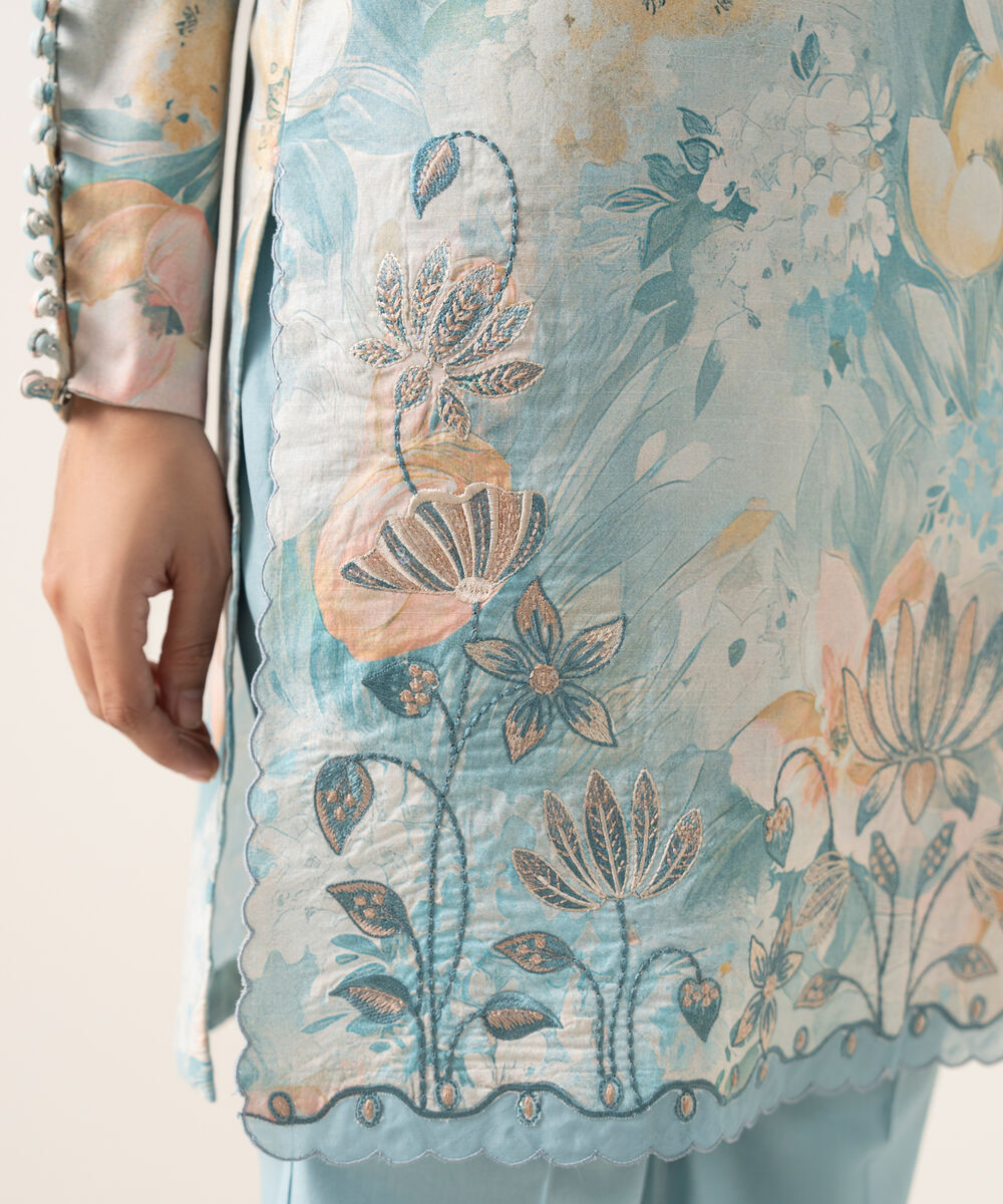 Women's Unstitched Textured Lawn Embroidered Blue 3 Piece Suit