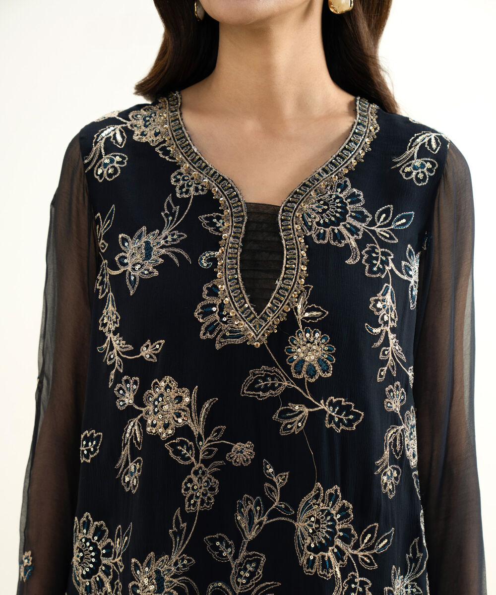 Women's Unstitched Blended Chiffon Embroidered Black  3 Piece Suit