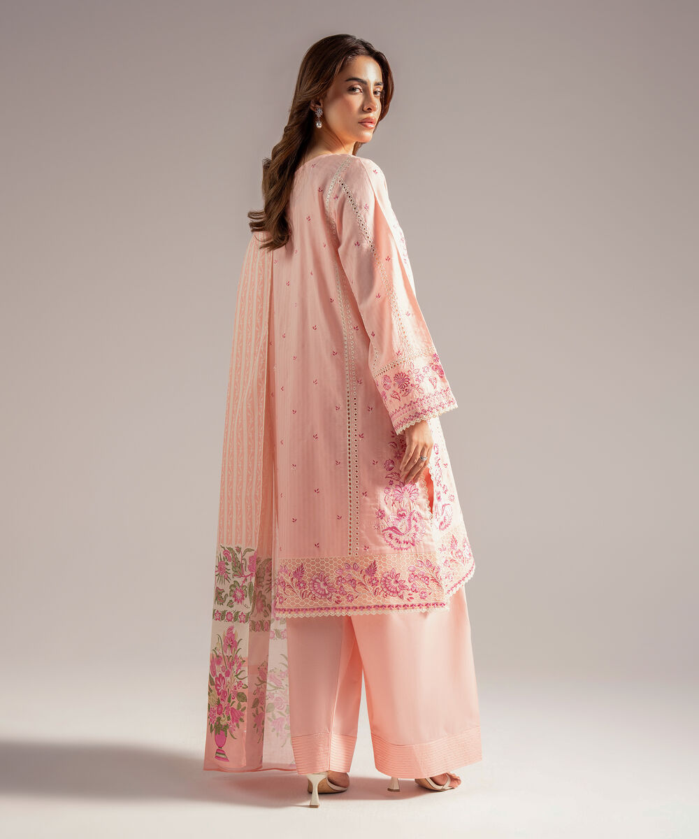 Women's RTW Textured Cotton Embroidered Pink 3 Piece Suit