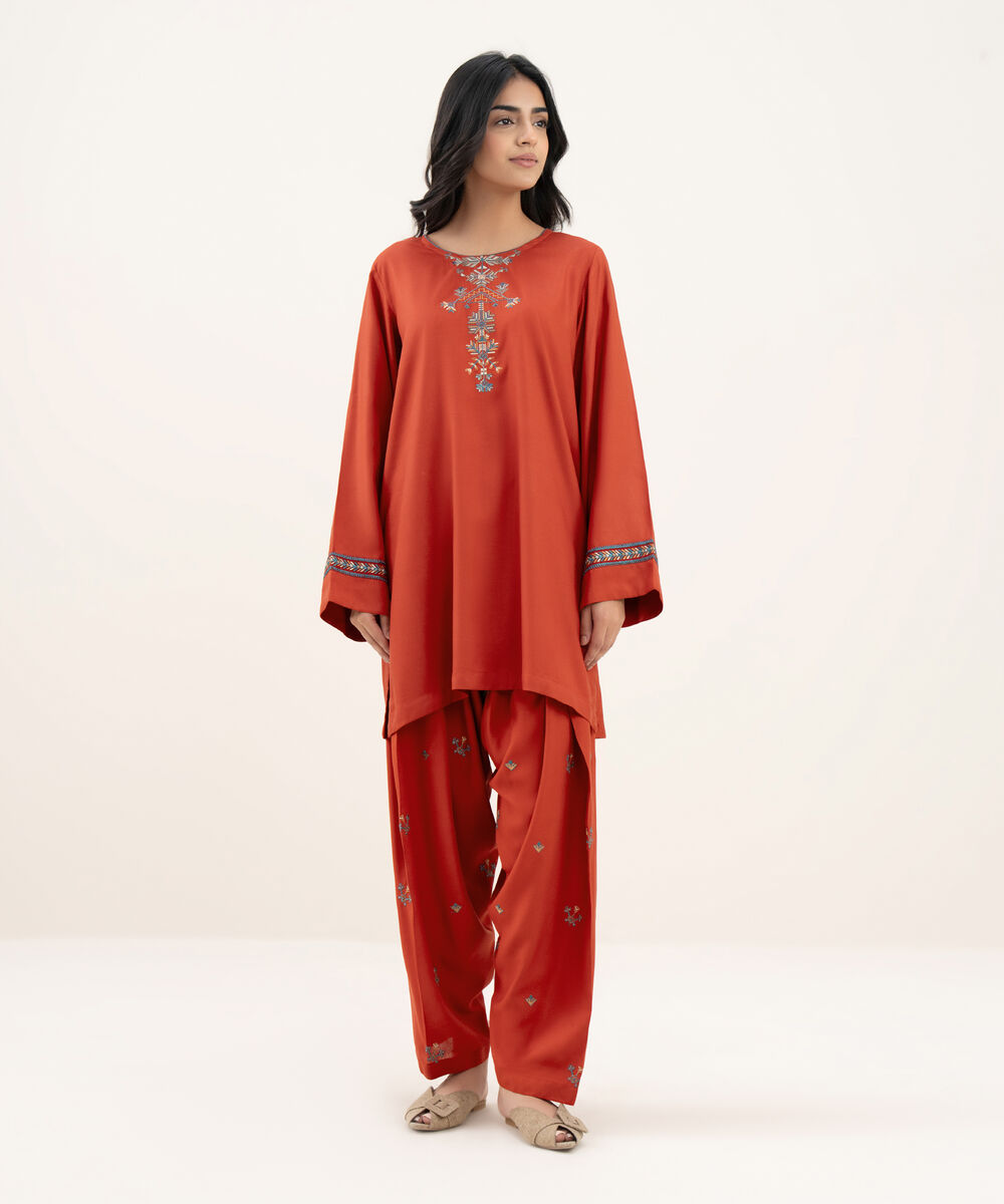 Women's RTW Khaddar Embroidered Straight Red Shirt