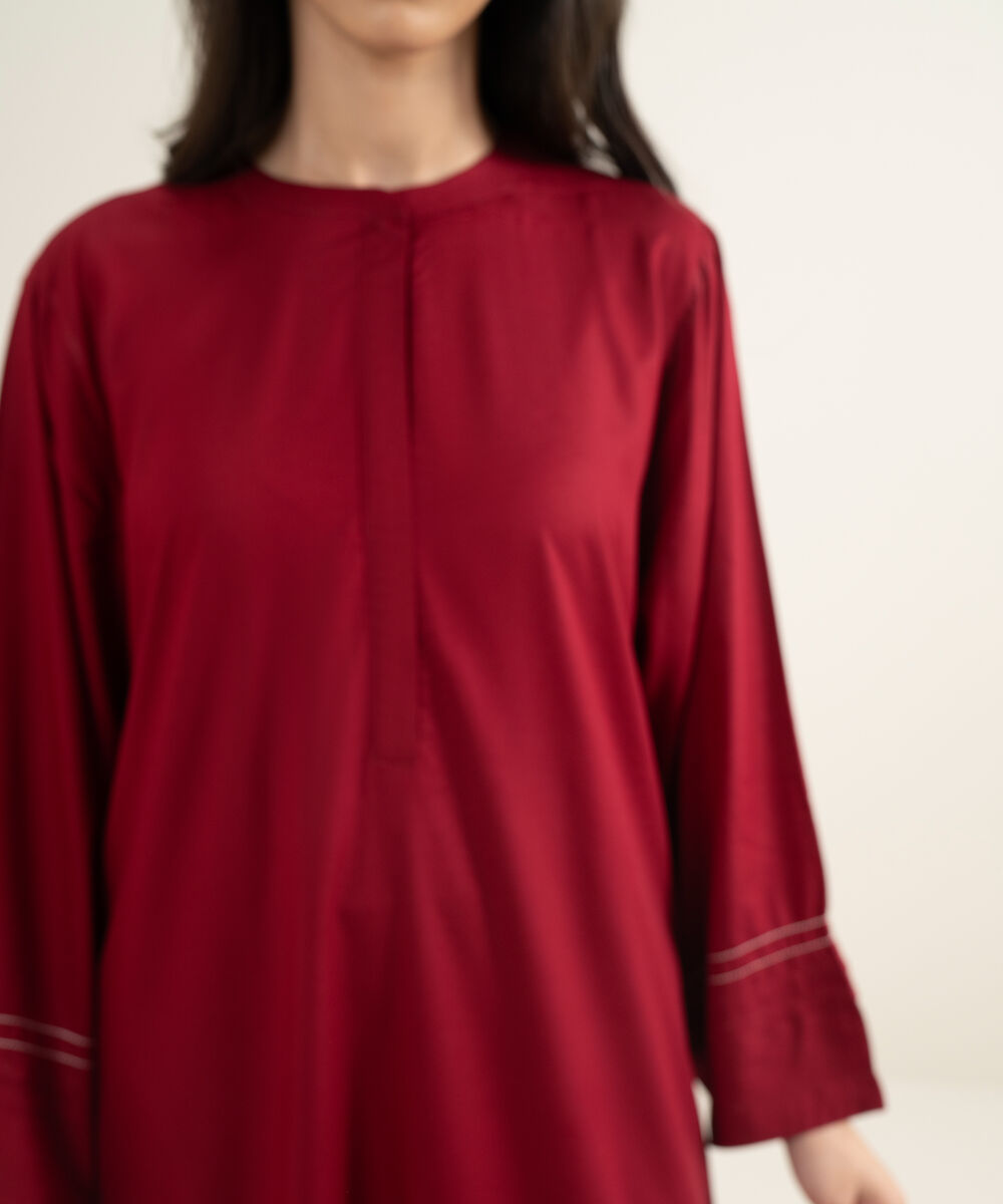 Women's RTW Arabic Lawn Solid Red A-Line Shirt