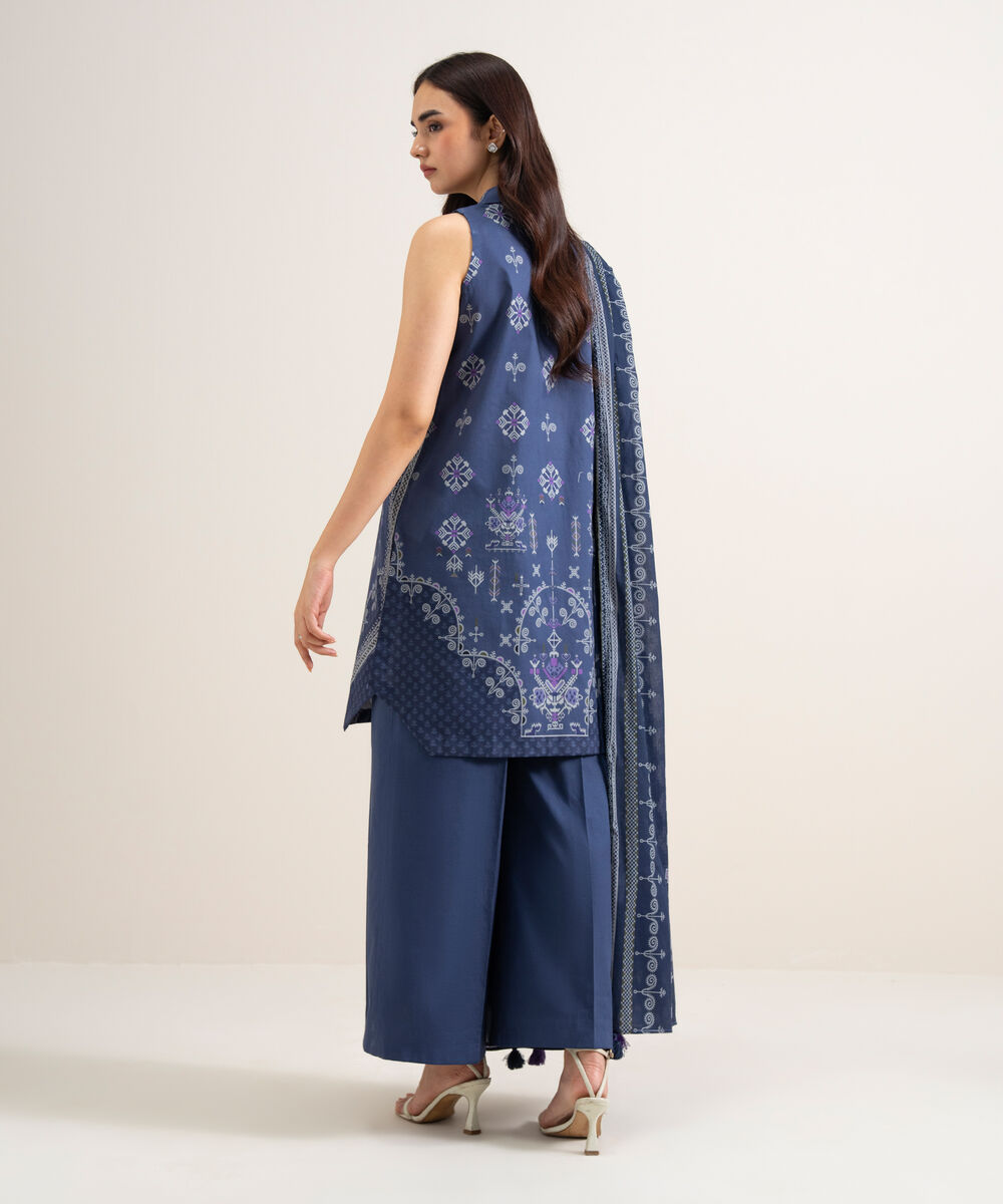 Women's Unstitched Lawn Printed Blue  3 Piece Suit