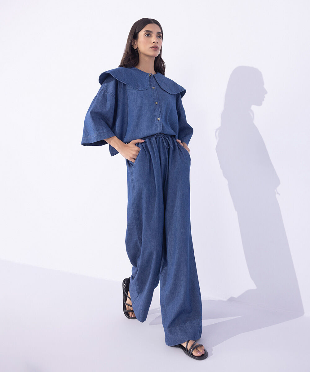 Women's Western Wear Blue Wide-Leg Denim Trousers