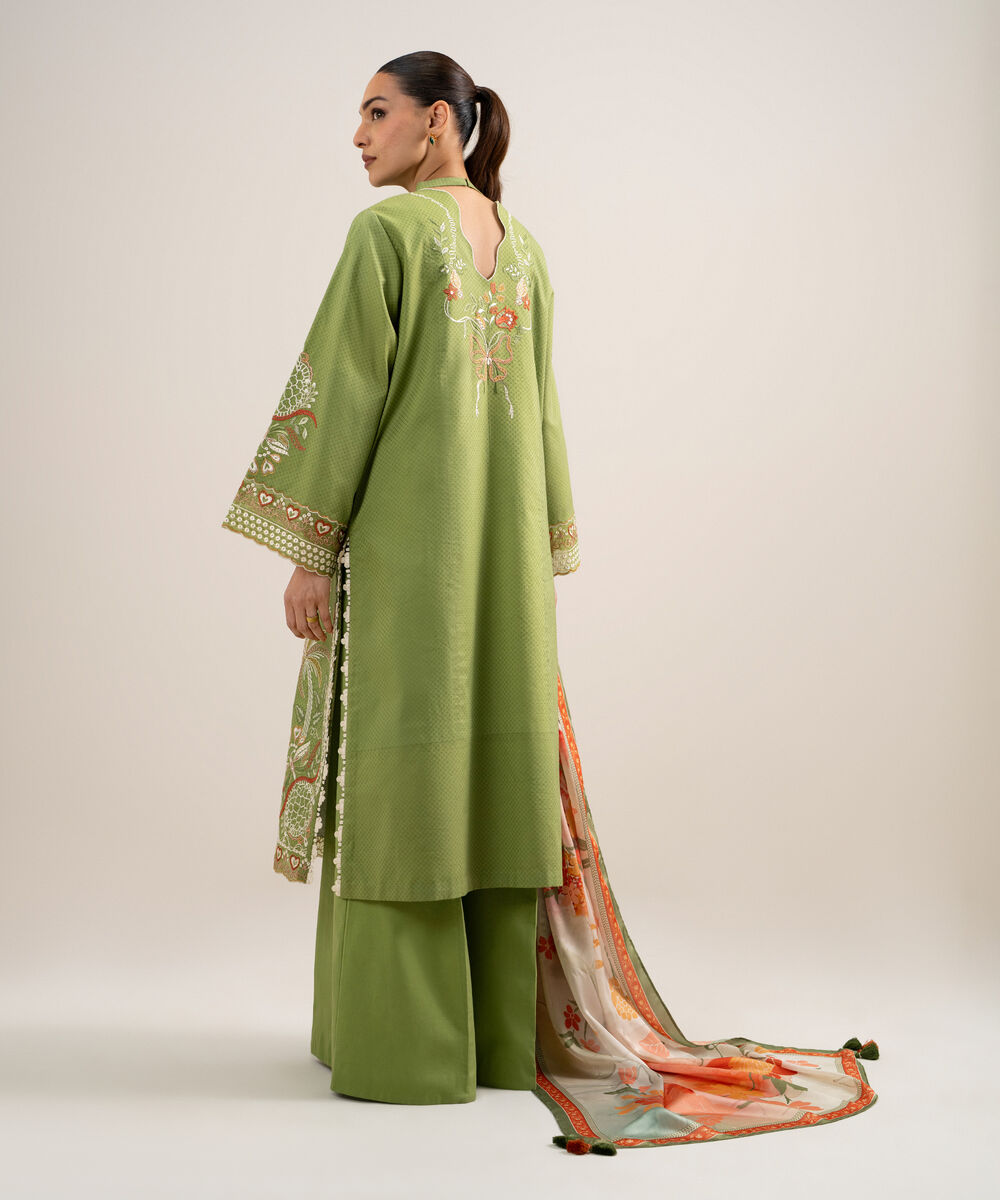 Women's Unstitched Self Jacquard Embroidered Green 3 Piece Suit