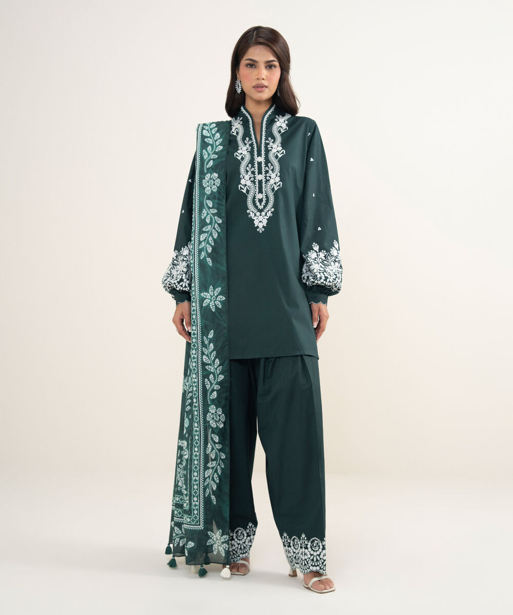 Women's Unstitched Lawn Embroidered Teal Green 3 Piece Suit