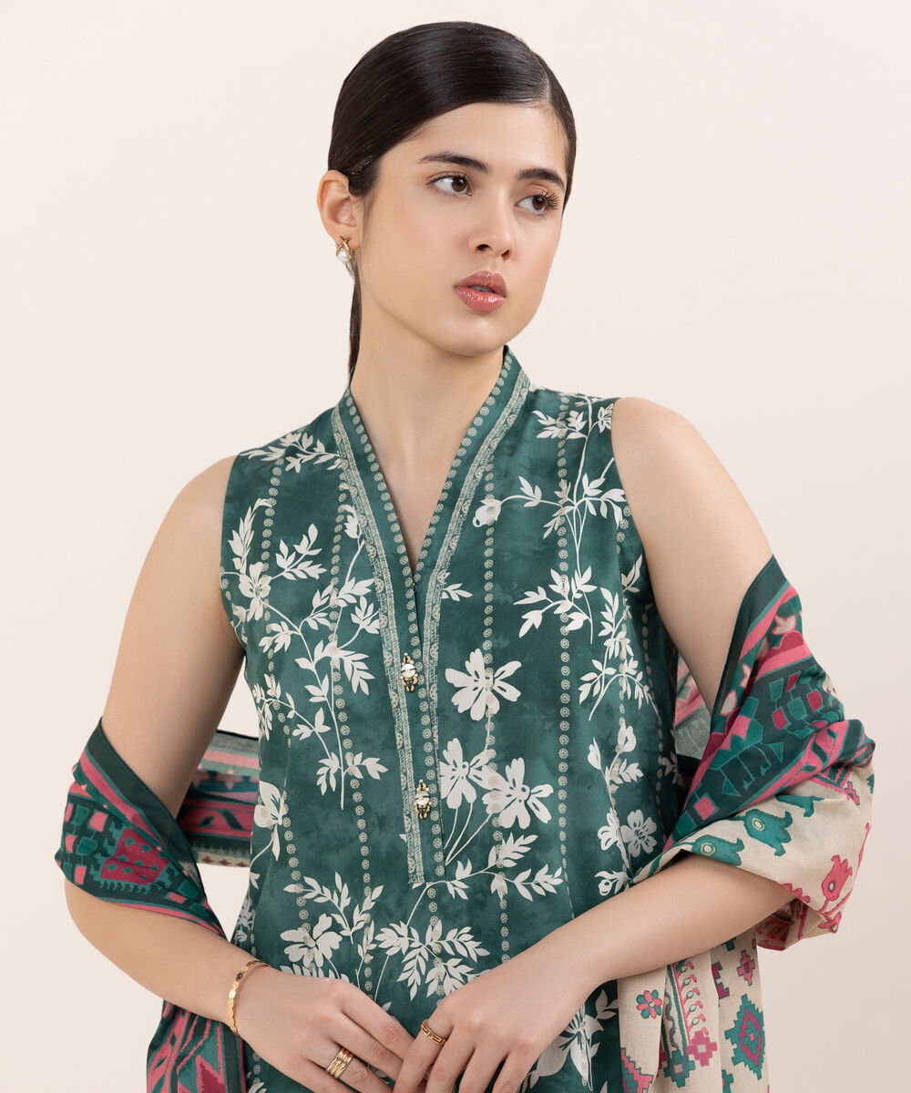 Women's Unstitched Cotton Printed Multi Three Piece Suit