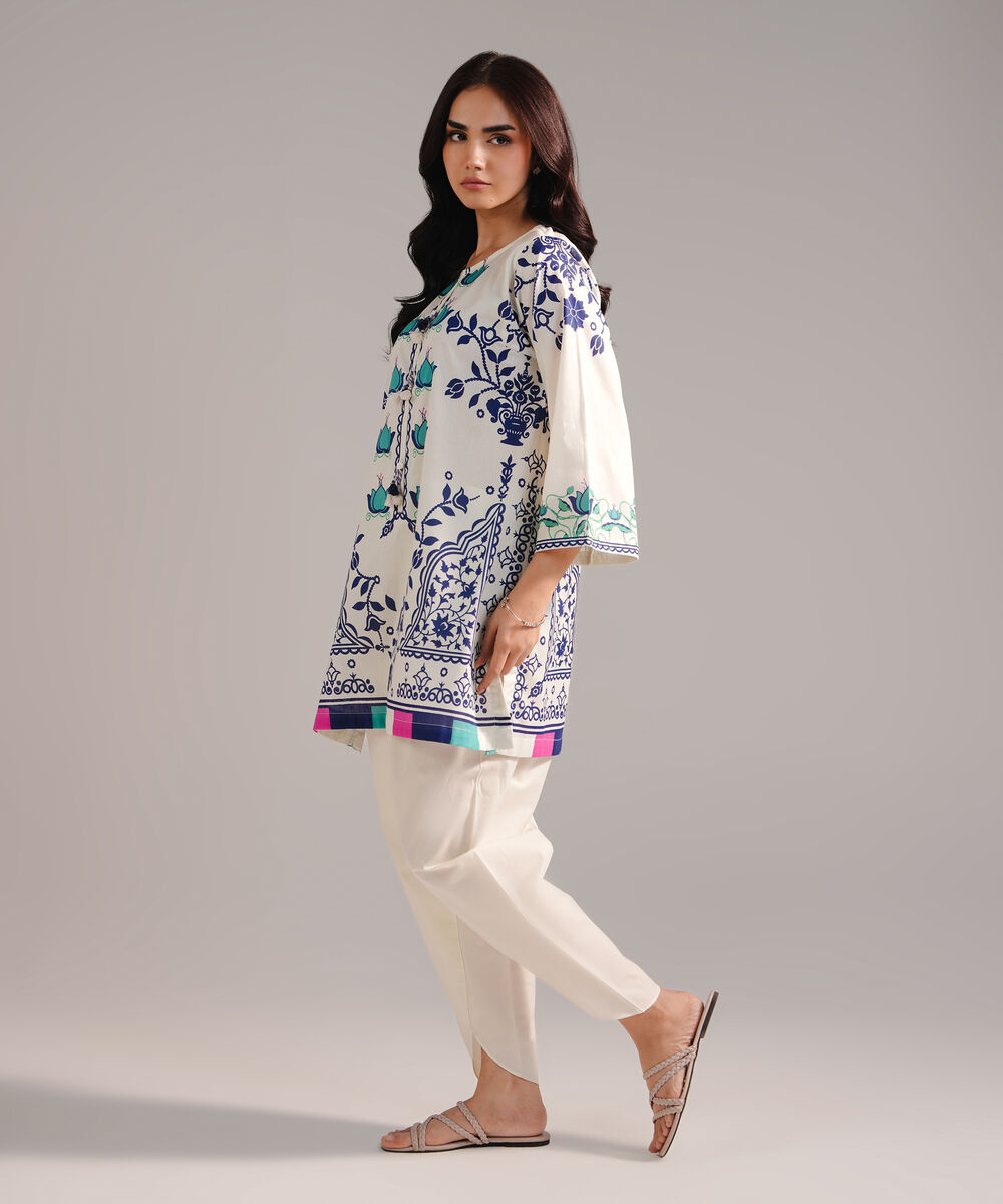 Women's RTW Cambric Printed Off White Straight Shirt