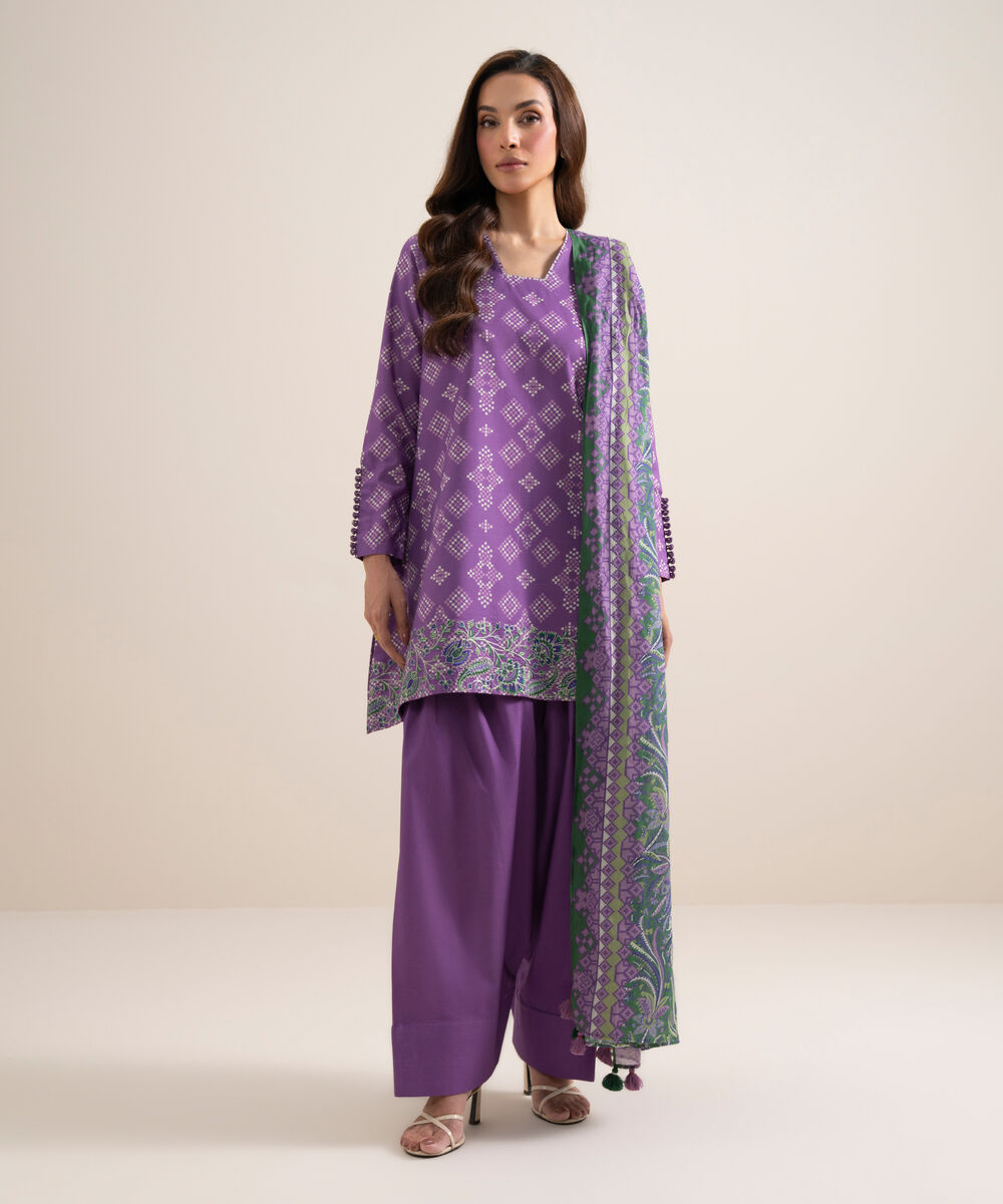 Women's Unstitched Lawn Embroidered Purple 3 Piece Suit