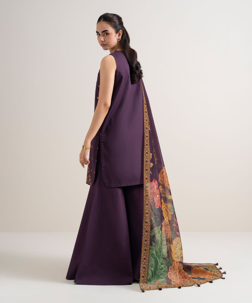 Women's Unstitched Fine Cotton Satin Embroidered Purple