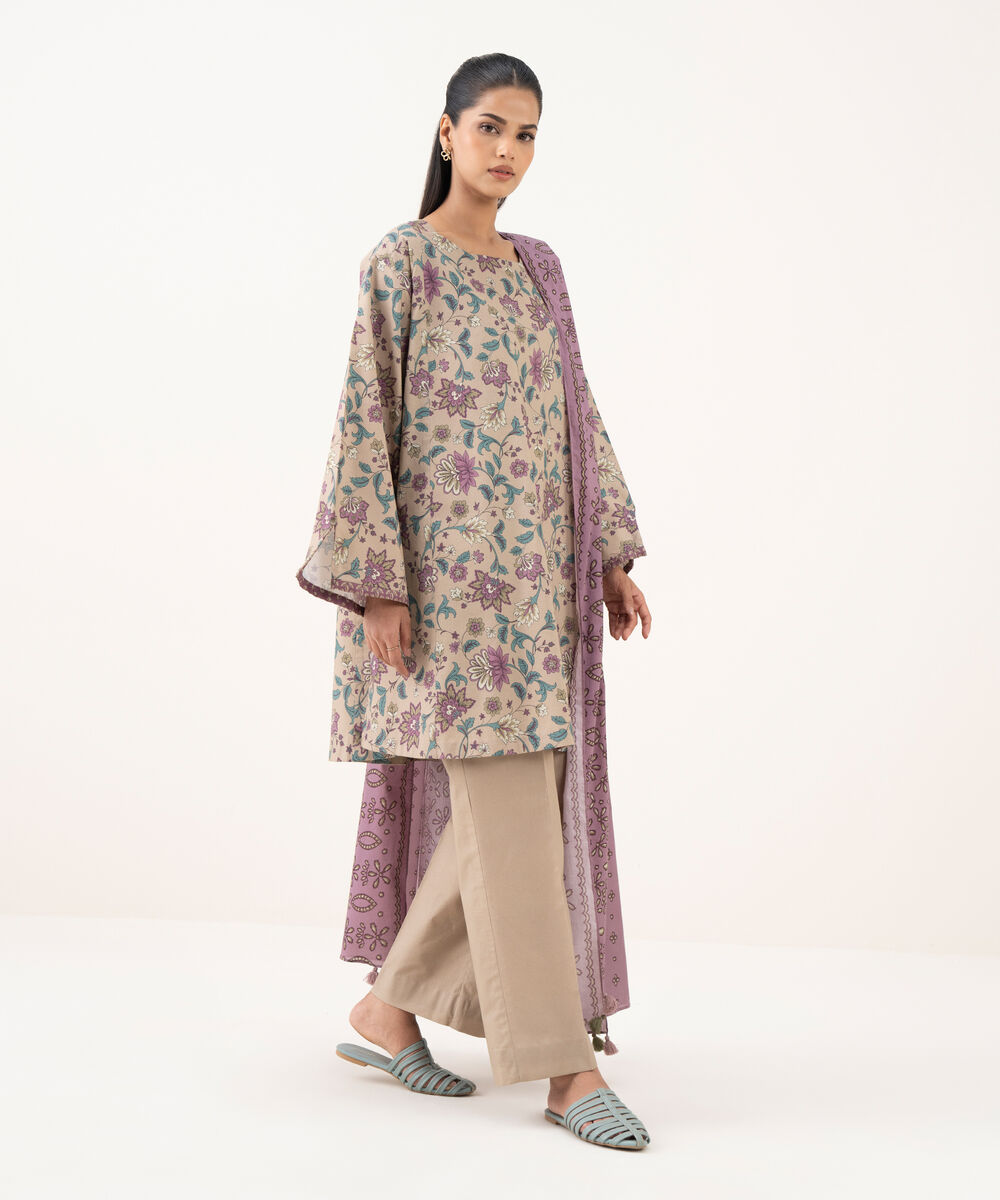 Women's Unstitched Cotton Printed Beige  Three Piece Suit