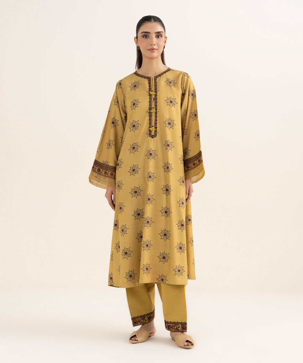 Women's RTW Herringbone Embroidered Mustard A-Line Shirt