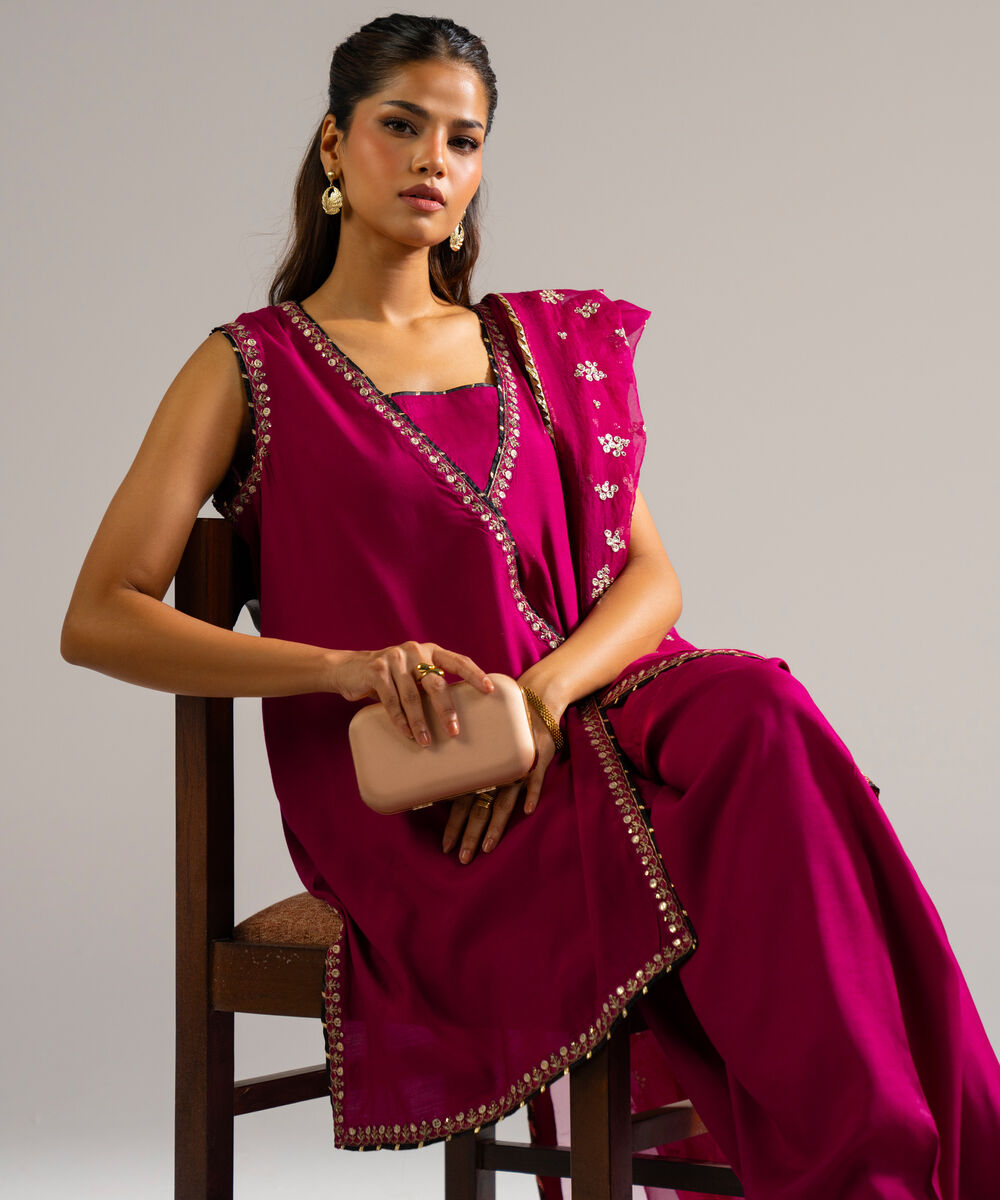 Women's RTW Raw Silk Embroidered Plum 3 Piece Suit