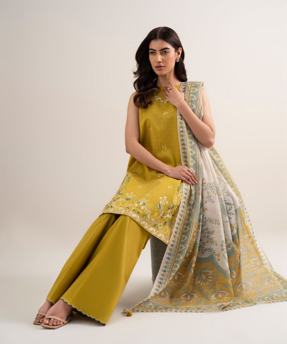 Women's Unstitched Dobby Embroidered Yellow 3 Piece Suit