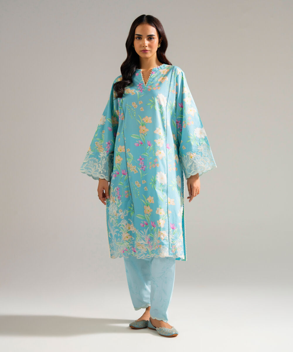 Women's RTW Lawn Embroidered Blue Straight Shirt