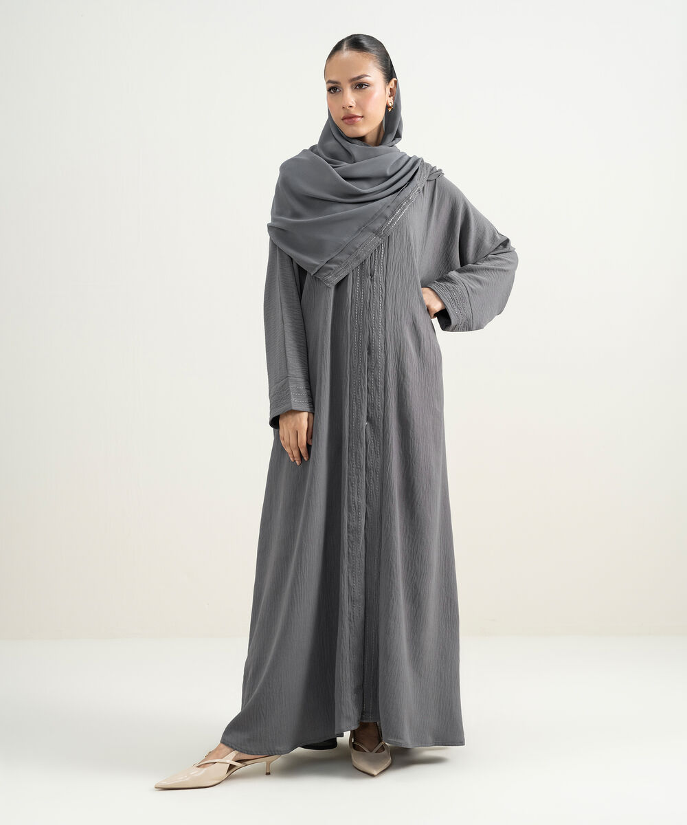 Women's Grey Kimono Embroidered Abaya