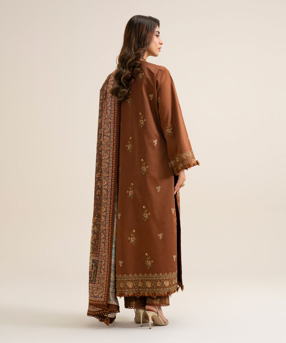 Women's Unstitched Fine Cotton Satin Embroidered Light Brown & Off White 3 Piece Suit