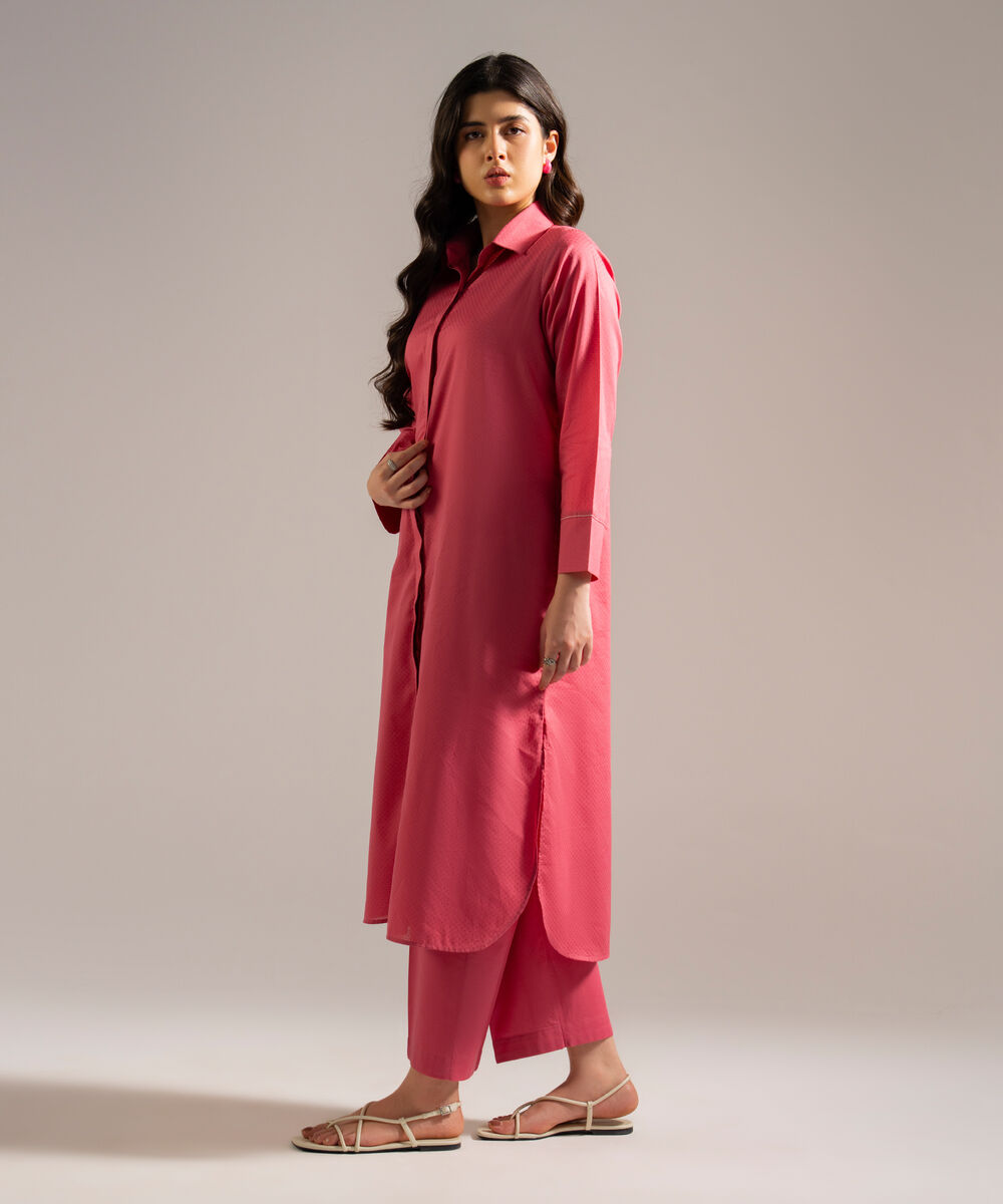 Women's RTW Dobby Solid Pink Straight Shirt