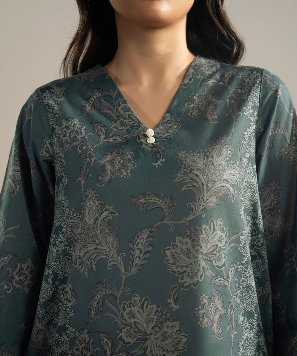 Women's RTW Cambric Printed Green 3 Piece Suit