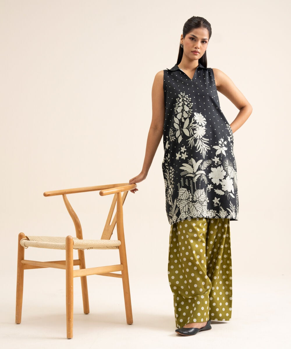 Women's Unstitched Cotton Printed Black & White 1 Piece Suit