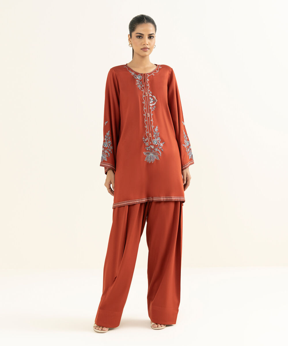 Women's RTW Bedford  Embroidered Orange Straight 2 Piece Suit