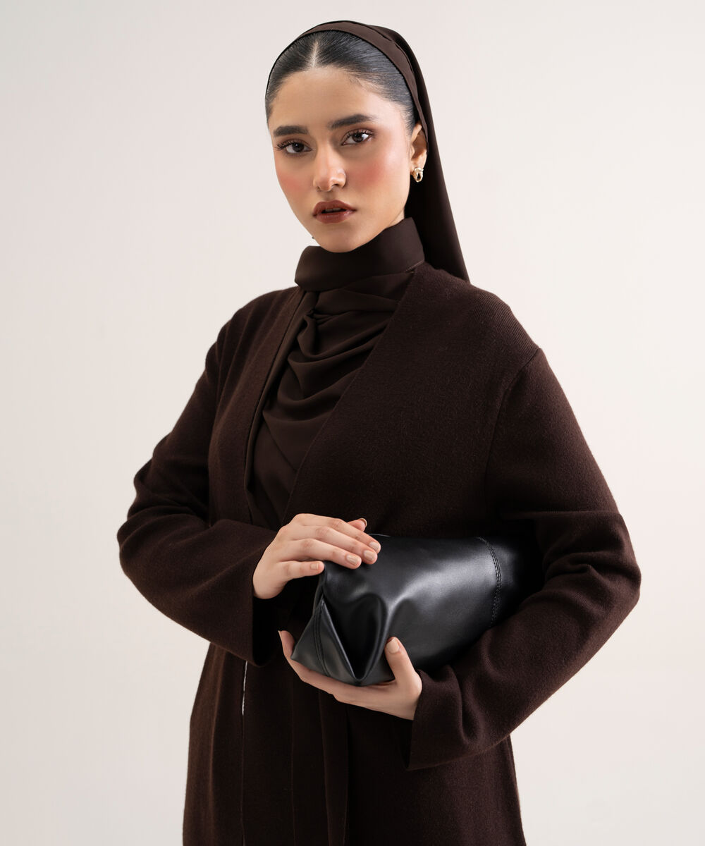 Women's Dark Brown Solid Sweater-Knit Abaya Set