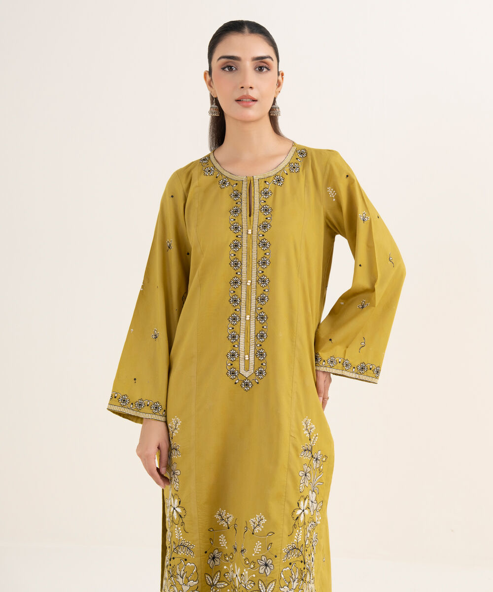 Women's RTW Self Jacquard Leno Embroidered Yellow A-Line Shirt