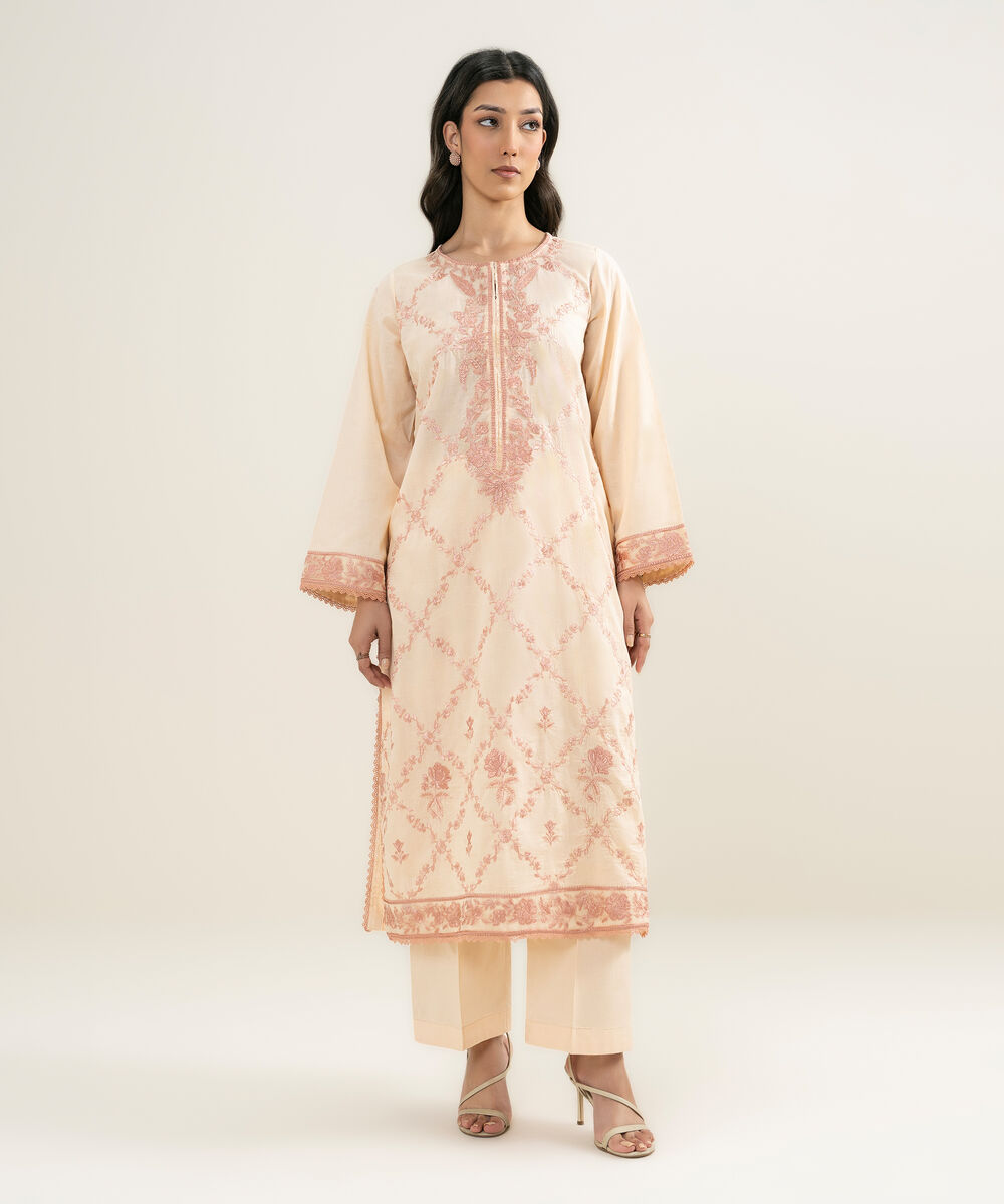 Women's RTW Self Jacquard Embroidered Peach A-Line Shirt
