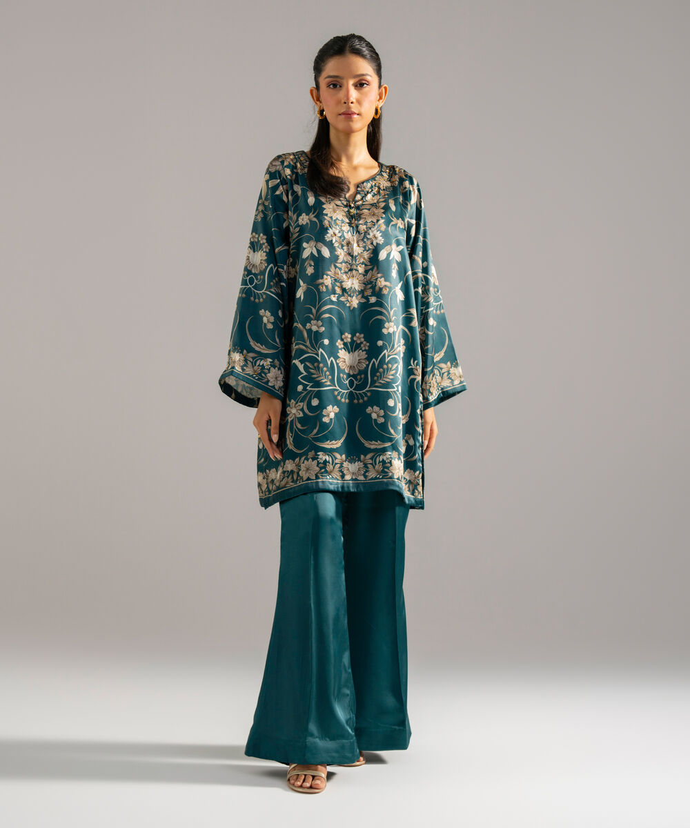 Women's RTW Blended Satin Printed Teal 2 Piece Suit