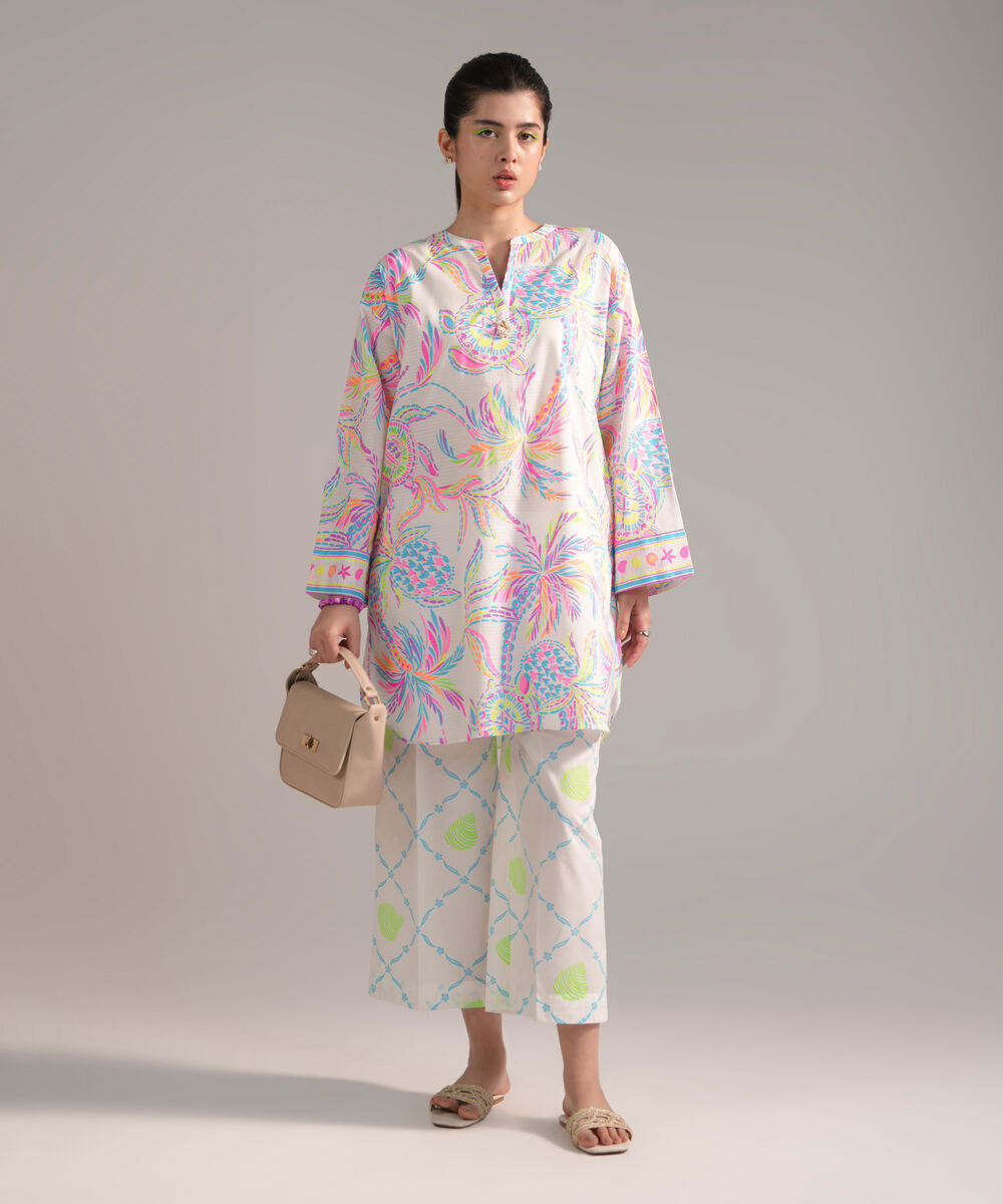 Women's RTW Dobby Printed White 2 Piece Suit