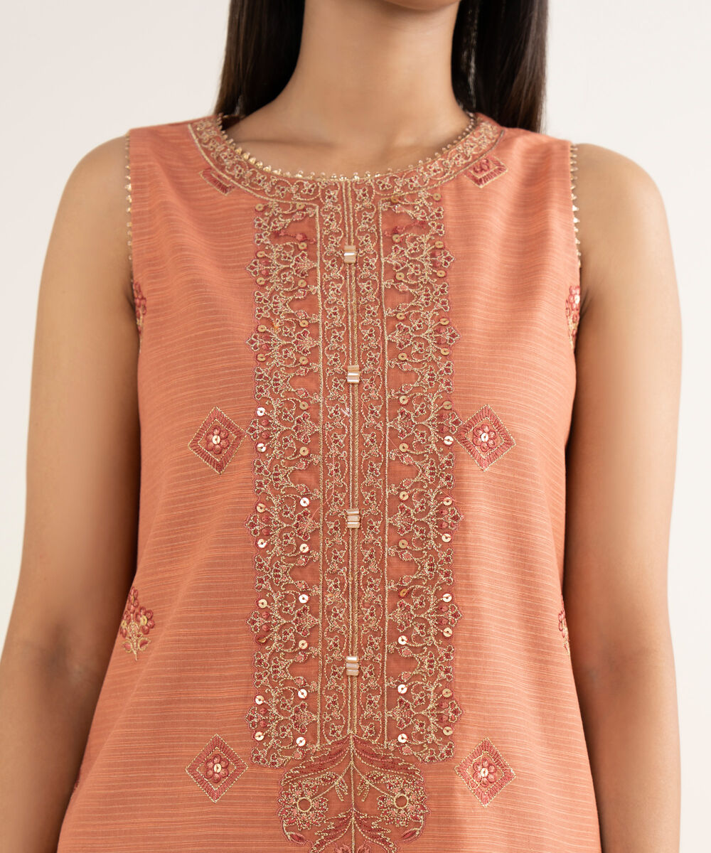 Women's Unstitched Embroidered Zari Khaddar coral 3 Piece Suit