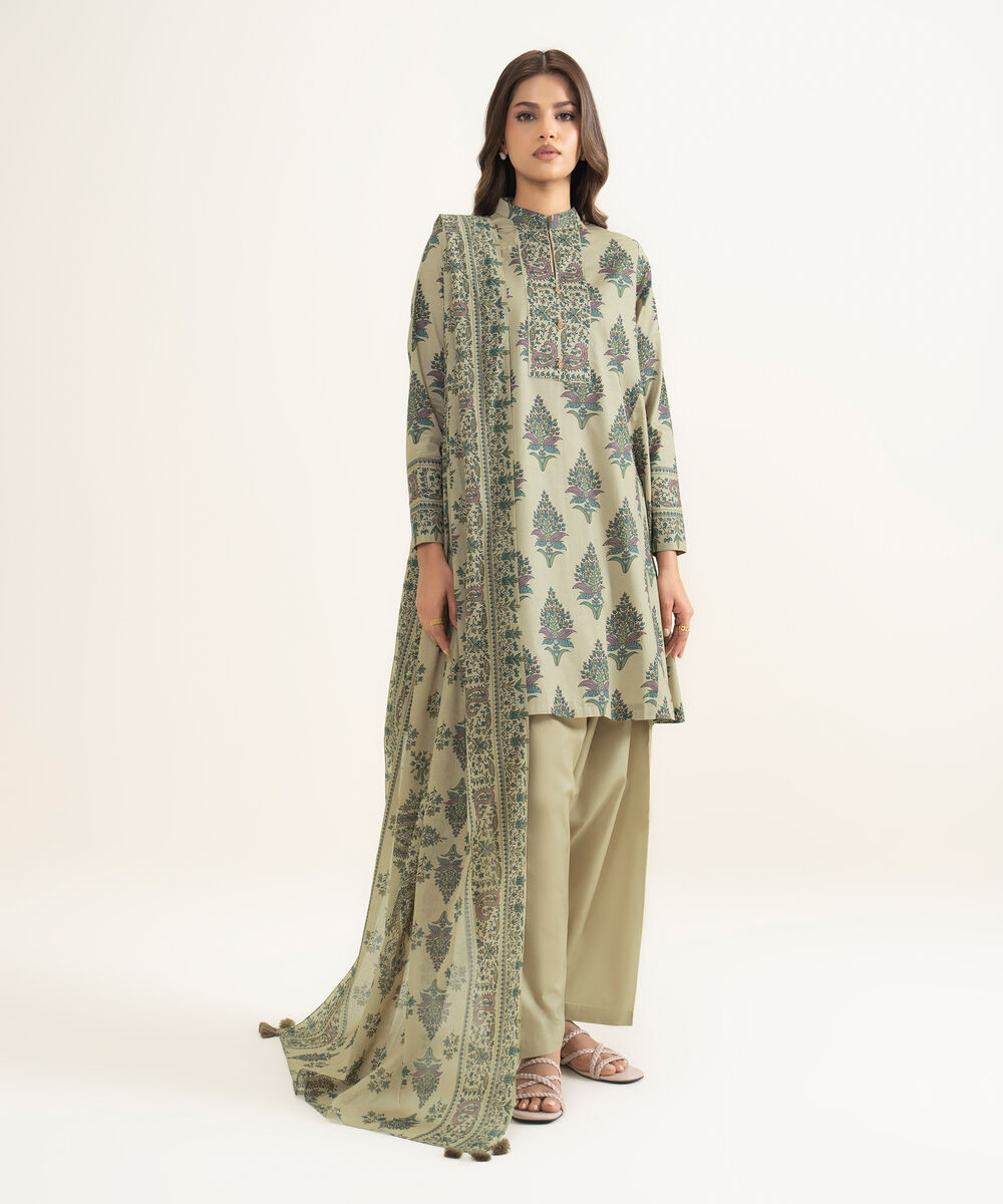 Women's Unstitched Lawn Printed Beige 3 Piece Suit