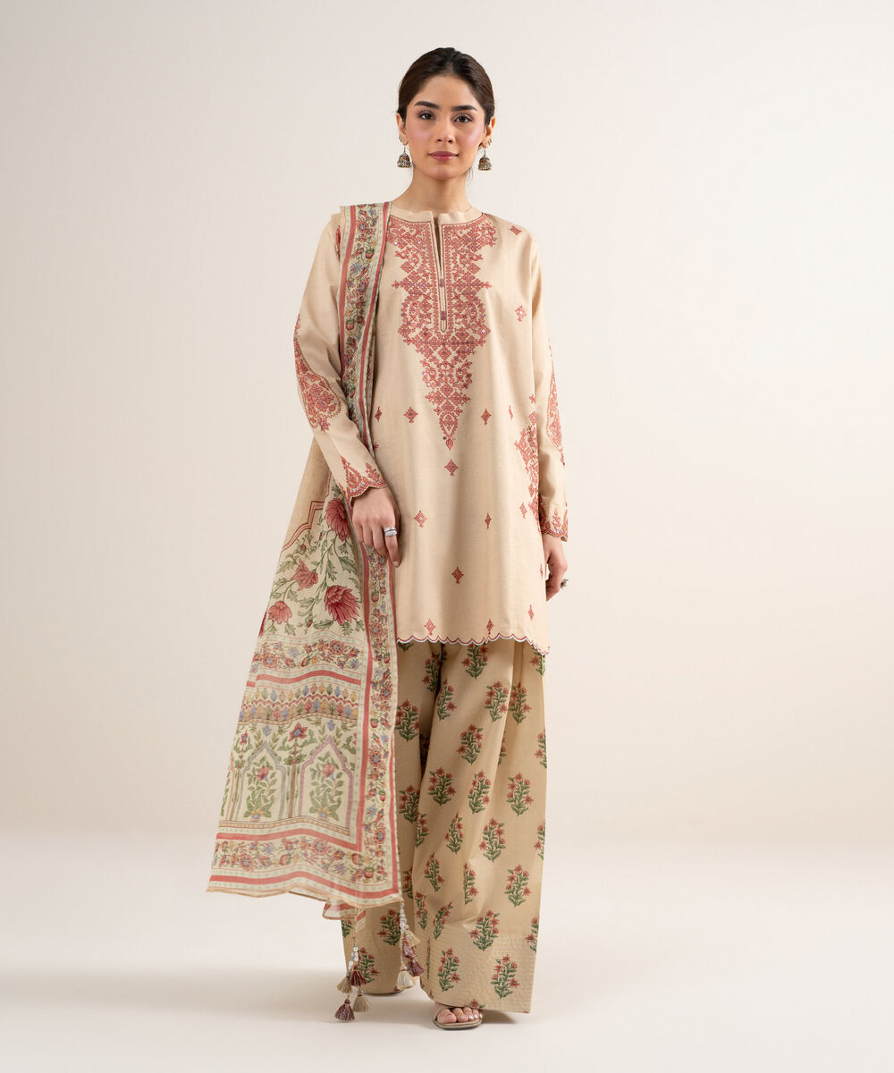 Women's Unstitched Textured Lawn Embroidered Beige 3 Piece Suit