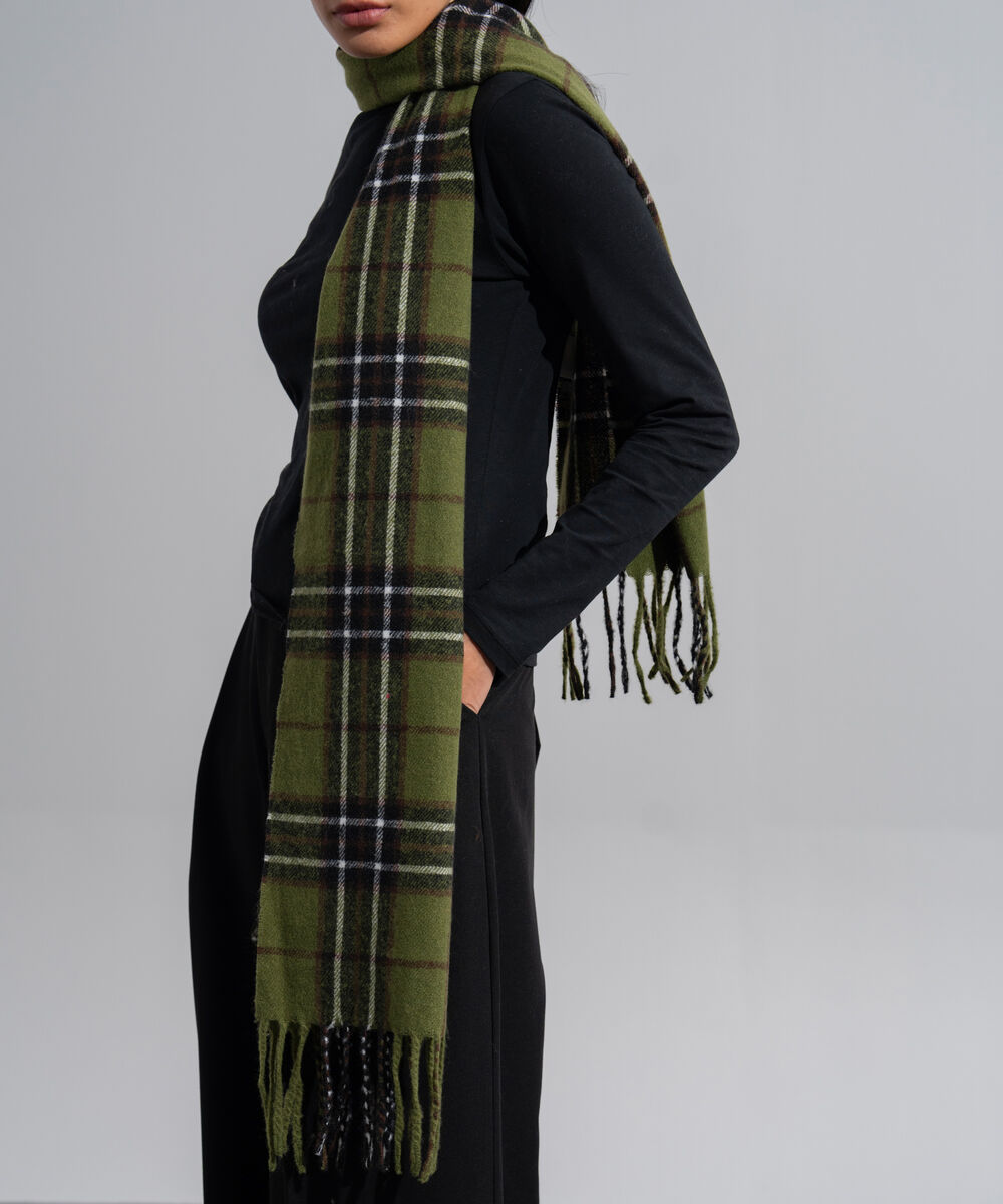Women's Western Wear Green And Black Polyester Checkered Woolen Scarf