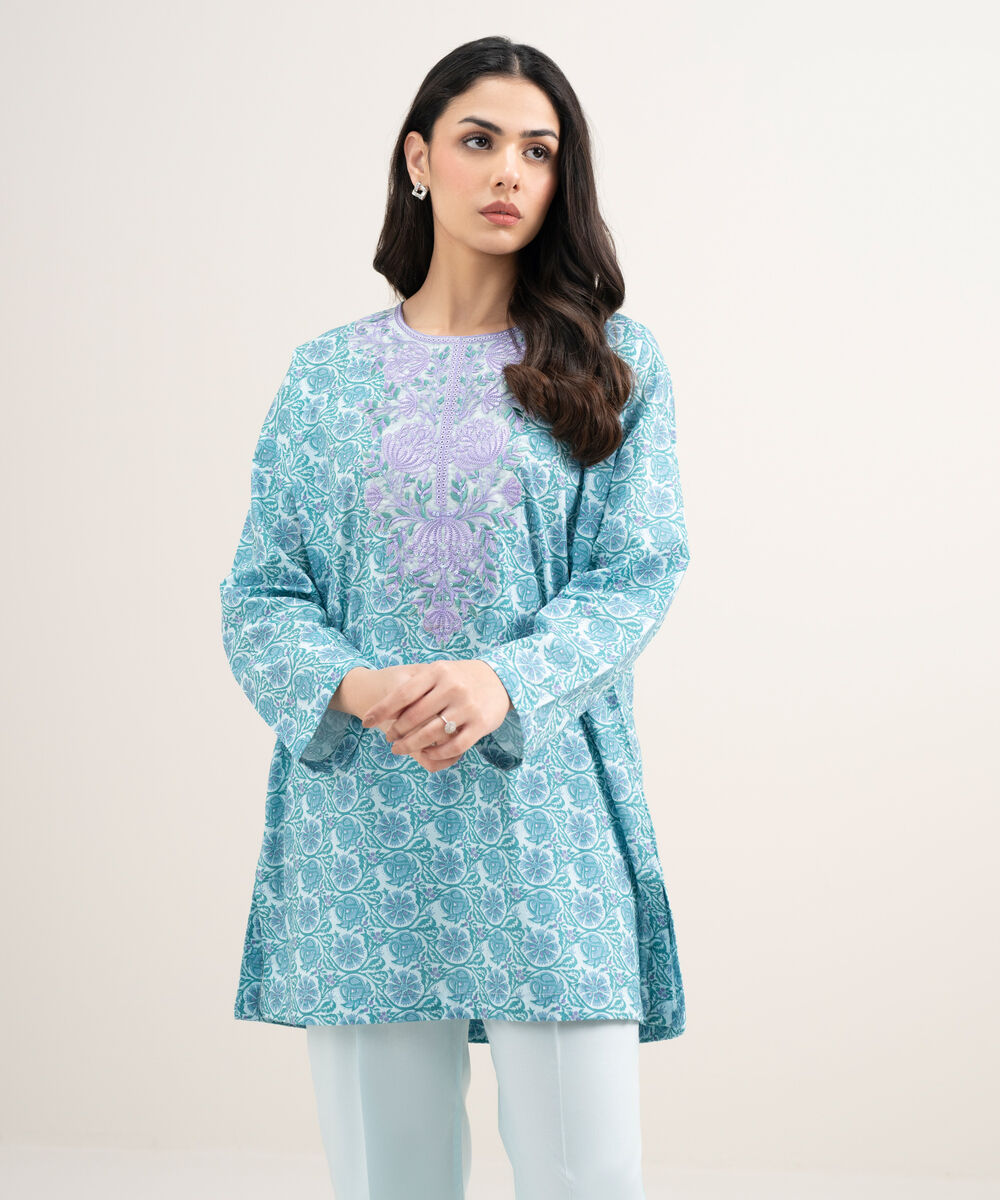 Women's RTW Slub Lawn Embroidered Blue Drop Shoulder Shirt