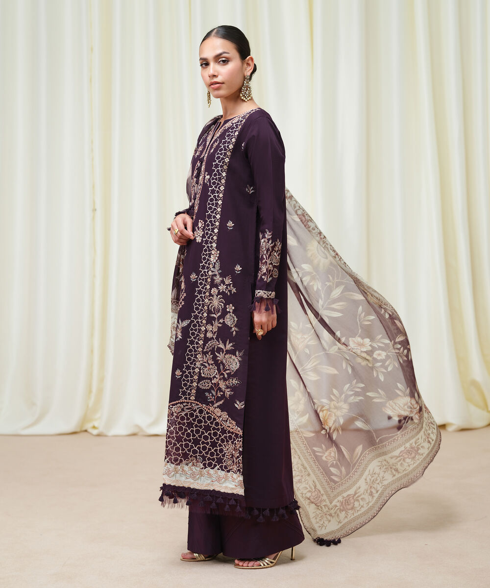 Women's Unstitched Fine Cotton Satin Embroidered Purple 3 Piece Suit