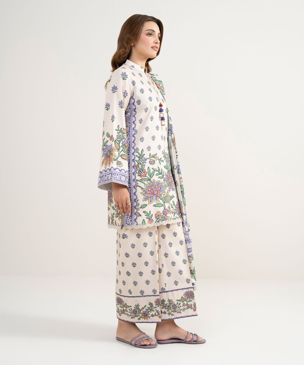 Women's Unstitched Lawn Embroidered Off White 3 Piece Suit