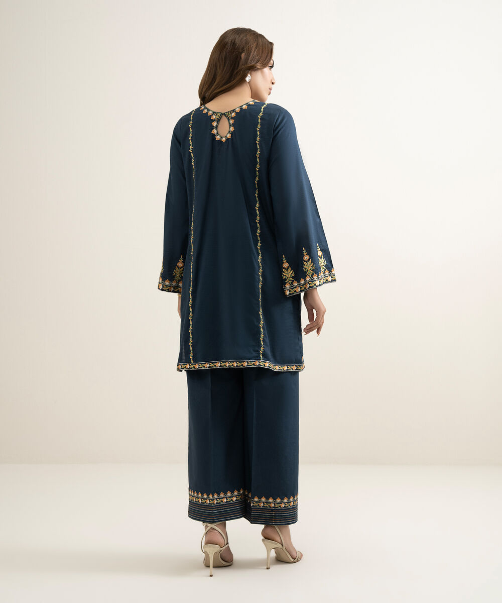 Women's RTW Dobby Embroidered Dark Blue Straight Shirt