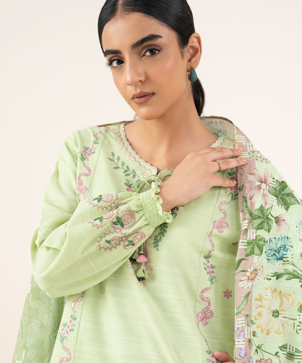 Women's Unstitched Khaddar Embroidered Green 2 Piece Suit