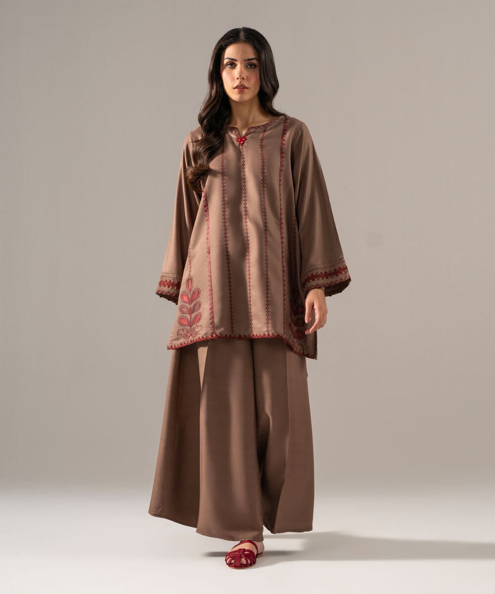 Women's RTW Bedford Solid Embroidered Dark Beige Straight Shirt